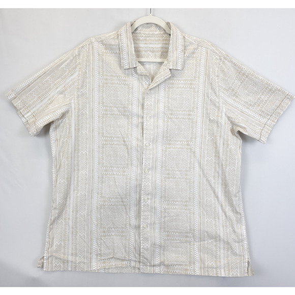 Macy's Camp Button Up Shirt Men XL Short Sleeve Printed Tan White Causal Office - Picture 1 of 10